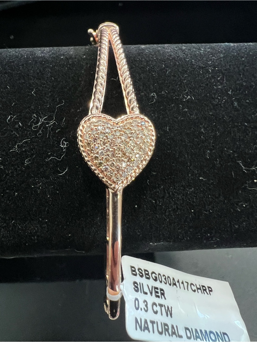 Rose Gold over 925 Sterling Silver Heart Pavé Diamond Bangle, .30CTW
